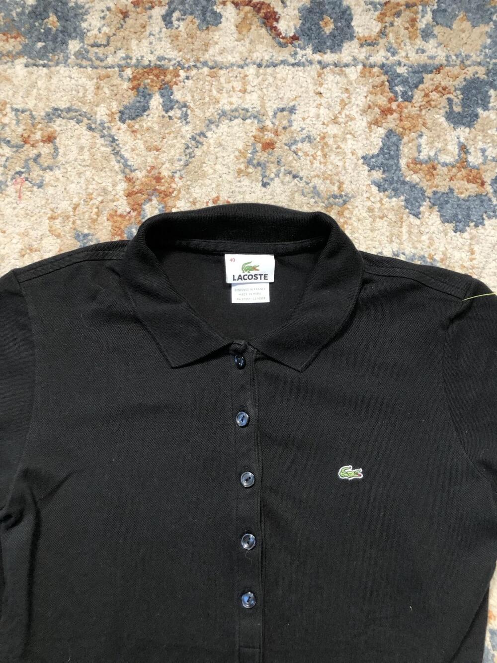 Lacoste Polo Shirt Womens 40 Black Slim Fit Short Sleeve Croc Logo Knit Casual - Picture 2 of 10